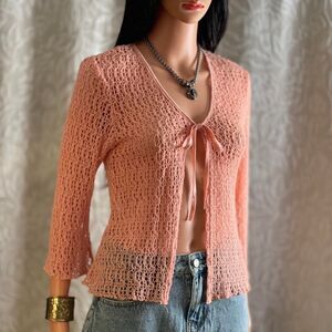 Vintage Y2K Connected Apparel Peach Crochet Tie Front Cardigan Fairycore Size 10